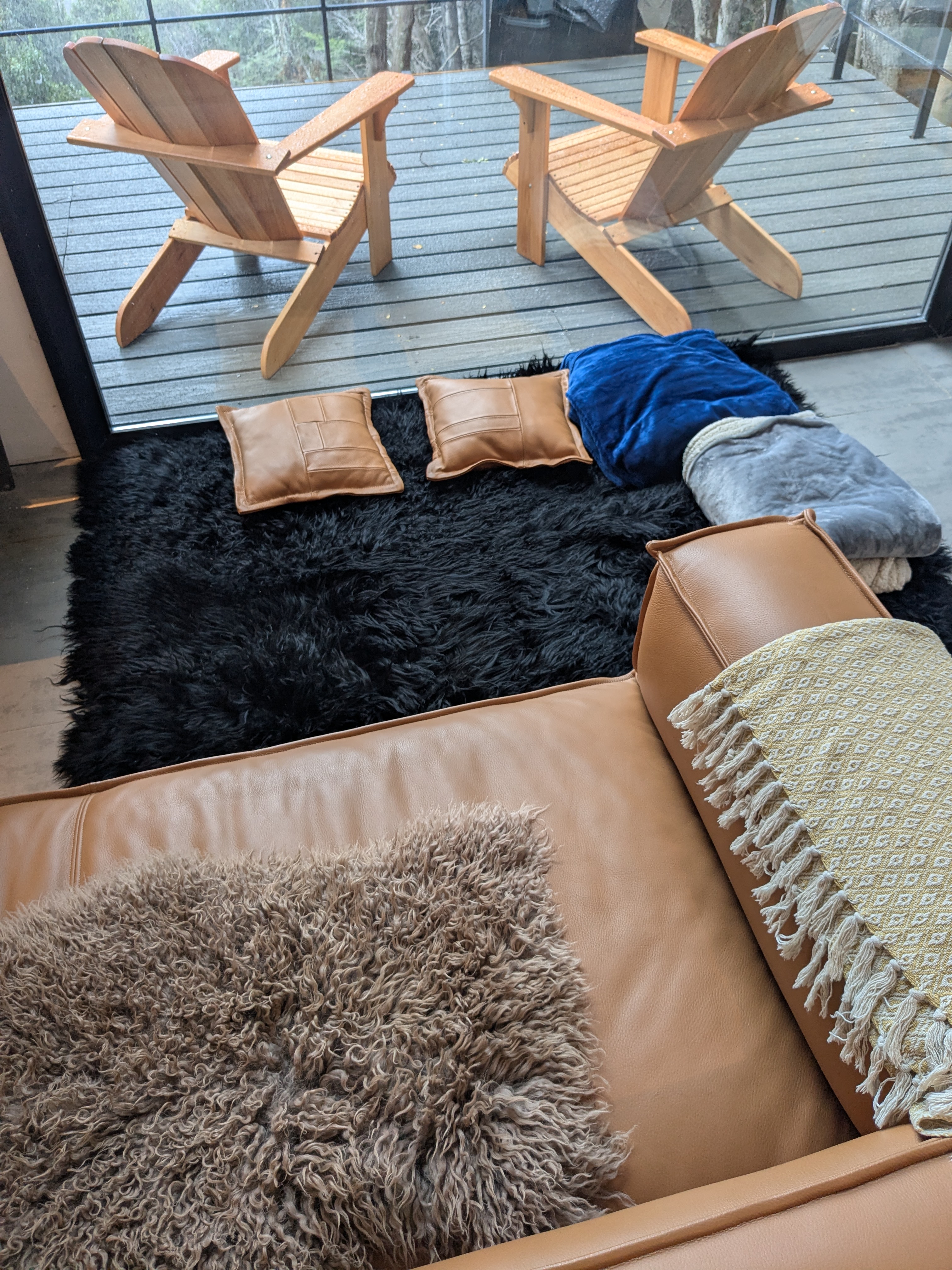 Living room — leather sofa, black sheepskin, open to the deck